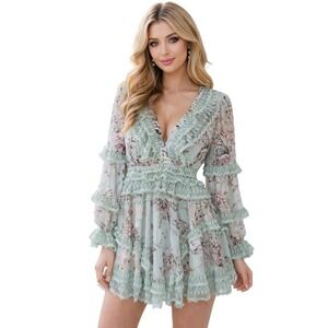 Rosevelvet  Ruffle Mint Green Floral Mini Dress Lace Trim Long‎ Sleeve NEW